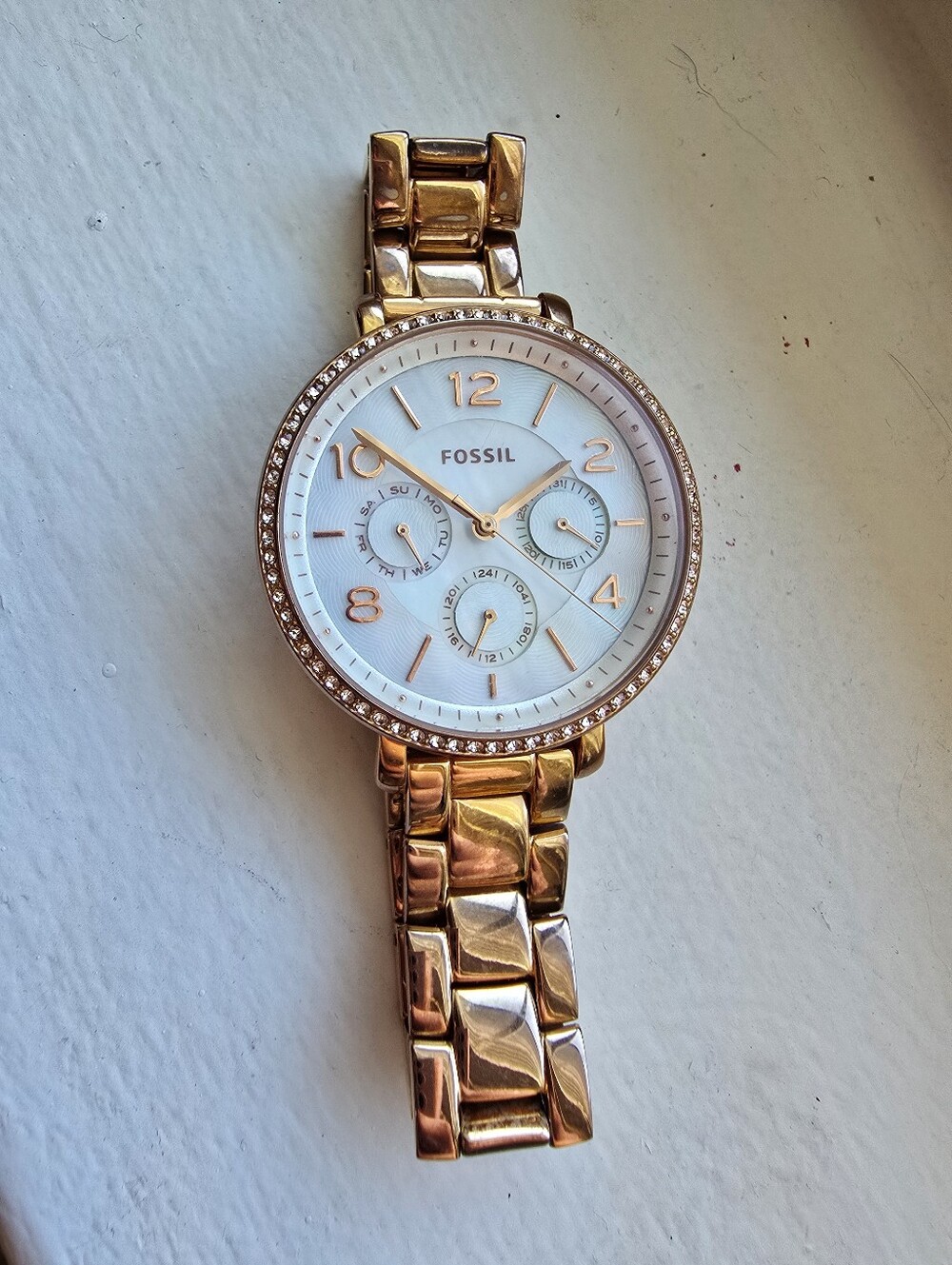Fossil Rose Gold Tone Crystal Bezel Bracelet Watch